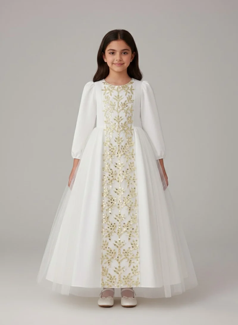 بيبي كلو Girls White Gold Arabic Panel Occasion Maxi Dress